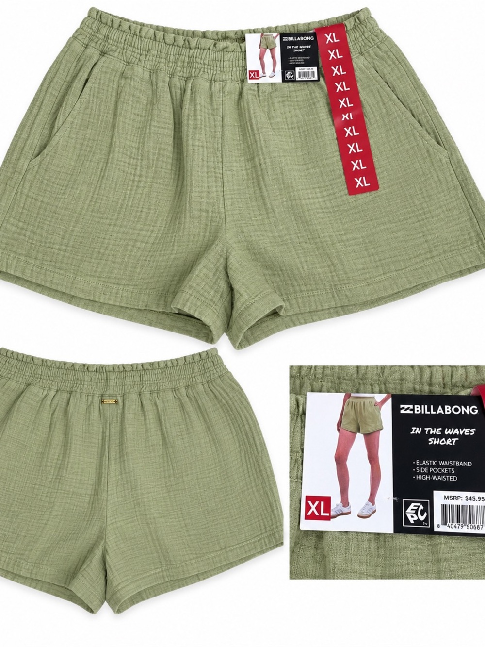 Billabong High-Waist Textured Shorts — Olive